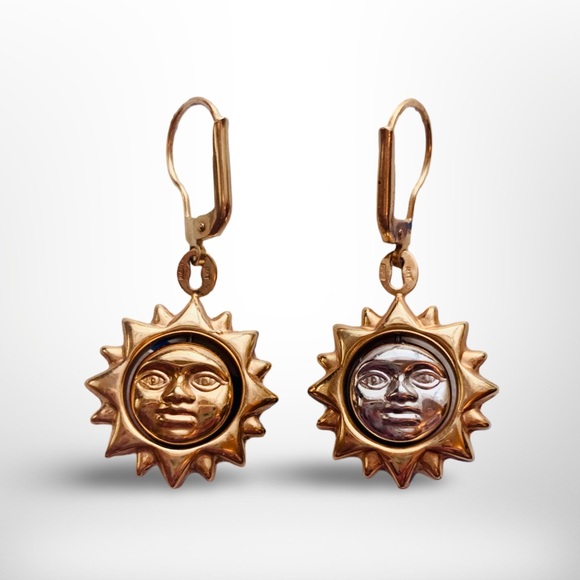 Vintage 14k Gold Two Tone Sun Face Dangle Earrings - Picture 3 of 3